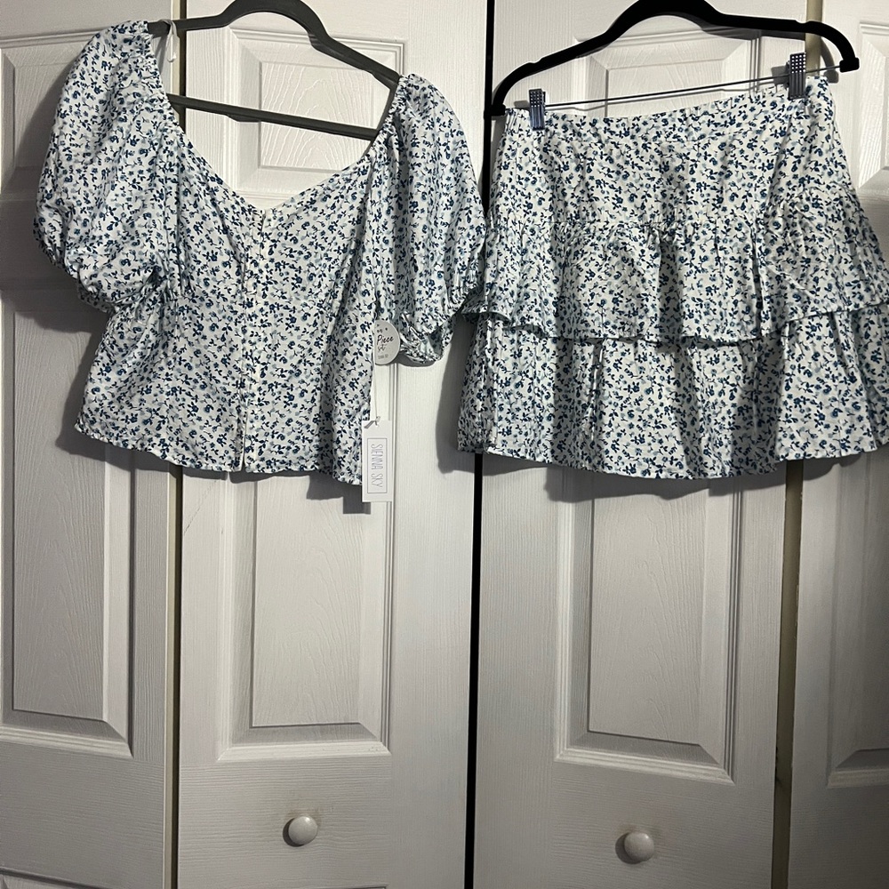 Sienna Sky Blue and White Floral Mini Skirt